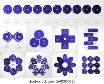 Conjunto de modelos infográficos criativos com 2, 3, 4, 5, 6, 7, 8, 9 e 10 opções, partes ou processos.