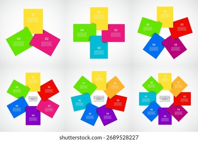 Set of creative infographic templates with 3, 4, 5, 6, 7 and 8 options, parts or processes.