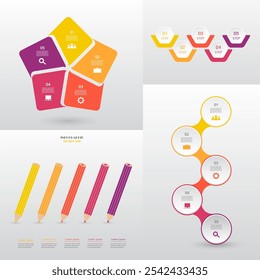 Conjunto de modelos de infográficos criativos com 5 processos, opções, partes ou etapas.