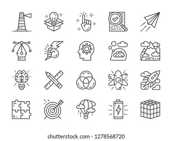 Set of creative and inspiration line icons. Computer graphic, art, paper plane, checklist, innovation, lighthouse, cube, battery, air balloon, target, puzzle, rocket, startup and more.