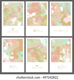 Set of creative invitation cards in doodle style. Hand Drawn textures.