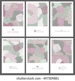 Set of creative invitation cards in doodle style. Hand Drawn textures.