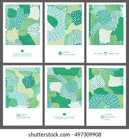 Set of creative invitation cards in doodle style. Hand Drawn textures.