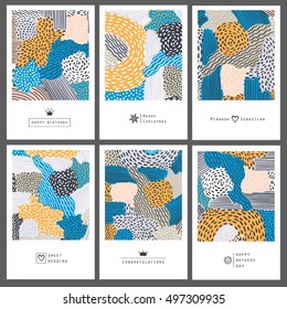 Set of creative invitation cards in doodle style. Hand Drawn textures.
