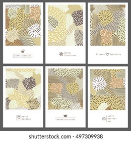 Set of creative invitation cards in doodle style. Hand Drawn textures.