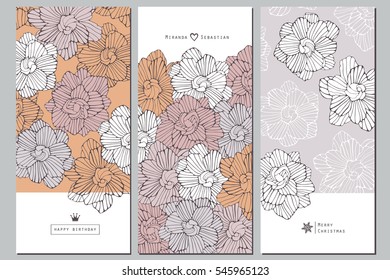 Set of creative invitation cards in doodle style. Hand drawn flowers.