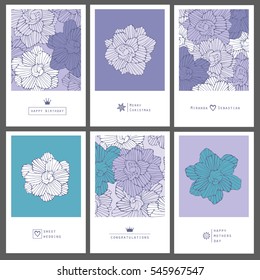 Set of creative invitation cards in doodle style. Hand drawn flowers.