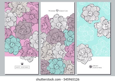 Set of creative invitation flyers in doodle style. Hand drawn flowers.