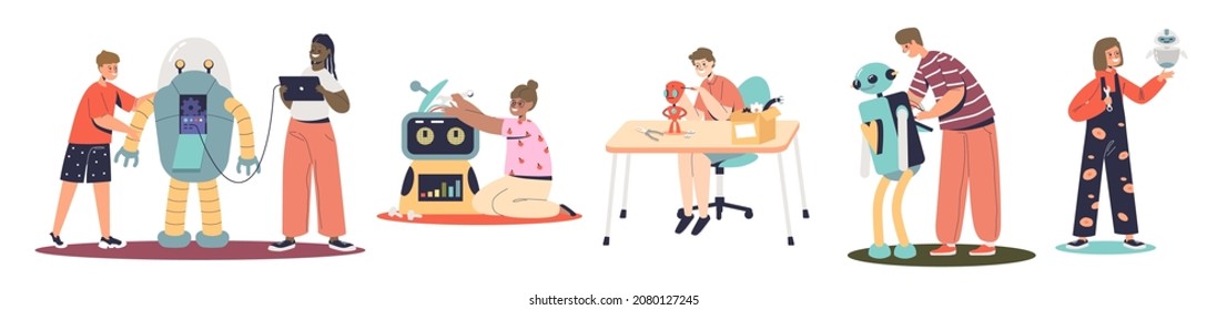 Set of creative kids building robots. Small children making robotic technology, programming and inventing mechanisms. Science and development classes concept. Cartoon flat vector illustration