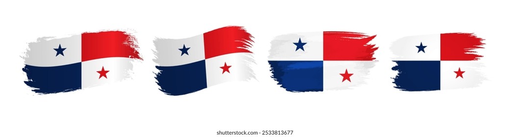 Set of creative labels with Panamanian flag background and clipping mask. Brushing strokes drawing style. 3D flags of Panama. Clip art collection. Grunge graphic. Holiday, sports or business concept.