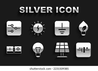 Set Creative lamp light idea, Light bulb with leaf, DC voltage source, Solar energy panel, Electric switch, Electrical symbol ground, Switch in electronic circuit and  icon. Vector