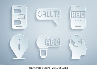 Set Creative lamp light idea, Foreign language online study, Information, Learning foreign languages, Salut different and New chat messages notification icon. Vector