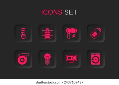 Set Creative lamp light idea, Electric tower line, LED bulb, Electrical outlet, Battery charge, Washer, Hair dryer and Roll adhesive tape icon. Vector