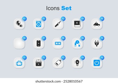 Idea creativa de la luz de la lámpara, teléfono móvil, lavadora, enchufe eléctrico, Botón de energía, eléctrico, planeta de energía global con y icono de toma de corriente eléctrica. Vector