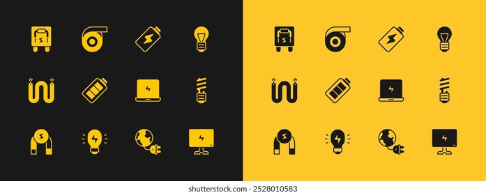 Set Creative lamp light idea, Laptop, Global energy planet with plug, Battery charge, Electrical panel and Roll adhesive tape icon. Vector