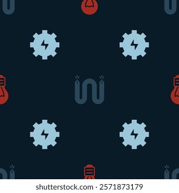 Set Creative lamp light idea, Electric cable and Gear and lightning on seamless pattern. Vector