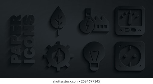 Set Creative lamp light idea, Ampere meter, multimeter, Gear and lightning, Electrical outlet, Nuclear power plant and Leaf Eco symbol icon. Vector