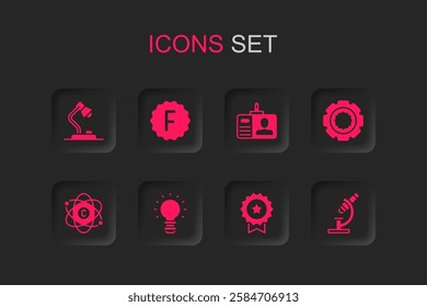 Set Creative lamp light idea, Exam paper with incorrect answers, Table, Medal star, Gear, Microscope, Identification badge and Atom icon. Vector