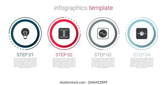 Set Creative lamp light idea, Electrical transformer, AC voltage source and Ohmmeter. Business infographic template. Vector