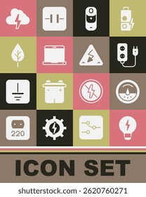 Set Creative lamp light idea, Electric meter, extension, Battery charge, Laptop, Leaf Eco symbol, Cloud and lightning and High voltage icon. Vector