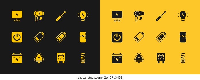 Set Creative lamp light idea, High voltage, Battery charge, Electrical panel, Screwdriver, Smart Tv and Hair dryer icon. Vector