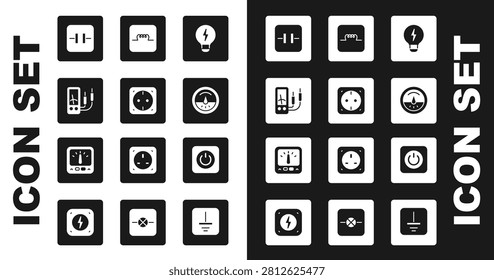Set Creative lamp light idea, Electrical outlet, Ampere meter, multimeter, Electrolytic capacitor, Inductor in electronic circuit, Power button and  icon. Vector