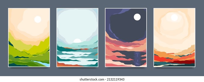 Set of creative landscapes for wall posters, decor, covers. Vector.