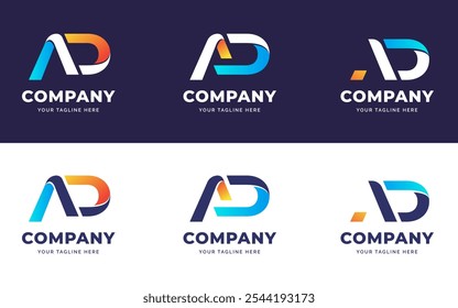 Conjunto de carta criativa AD coleção de inspiração de logotipo de gradiente elegante. Gradiente negrito e vibrante letra AD Monograma Vetor Logo Design. Símbolo de logotipo inicial de caractere AD