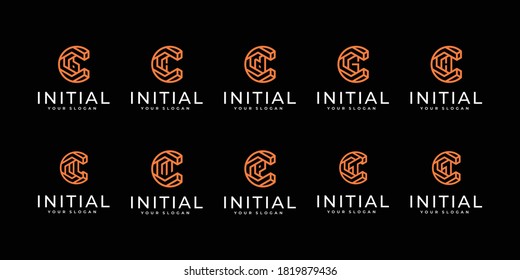 Set of creative letter C logo design template. with line art style