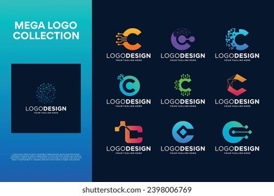 Set of creative letter C logo design. Abstract symbol for digital technology