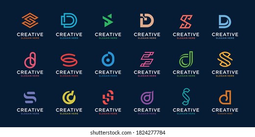 Set of creative letter D and S logo template. icons for business of digital, technology, finance, luxury, elegant, simple. Premium Vector