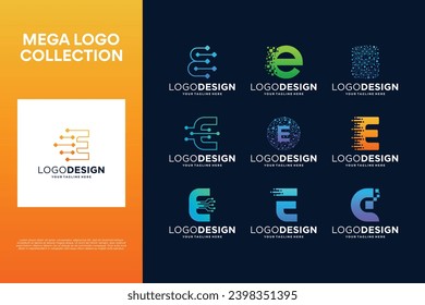 Set of creative letter E logo design. Abstract symbol for digital technology