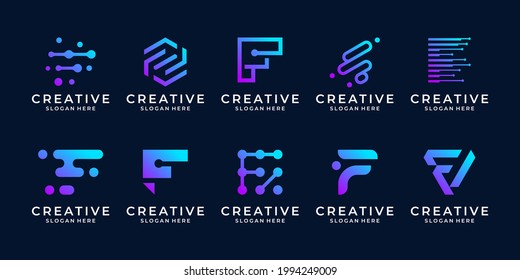 Set of creative letter F logo template. Modern symbol for digital technology with dot, molecule and abstract.