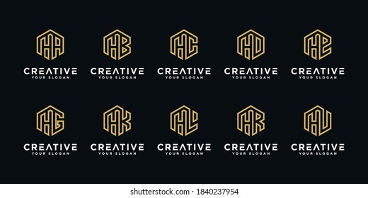 Conjunto de creativos. letra h y etc con modelo de diseño de logotipo de monograma abstracto de estilo hexágono.