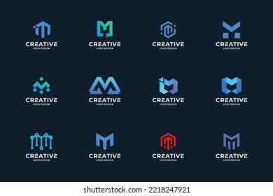 Set of creative letter M logo design template. Modern gradient color logotype.