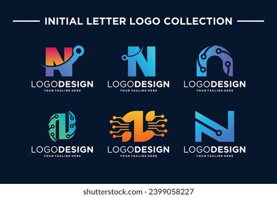 Set of creative letter N digital technology logo design.