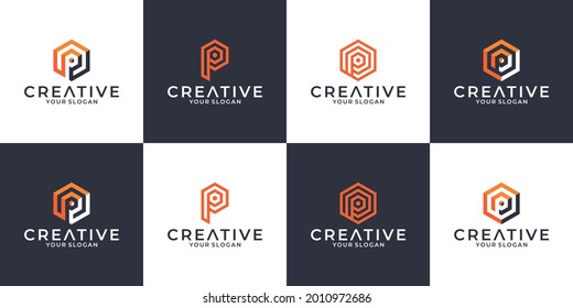 set creative letter p symbol logo design monogram hexagon with shadow for your company