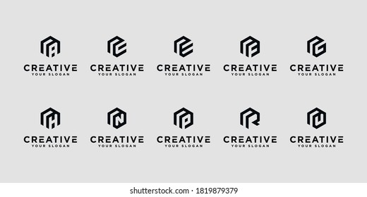 Set of creative letter R and etc with hexagon logo design inspiration. for business of luxury, elegant, simple.