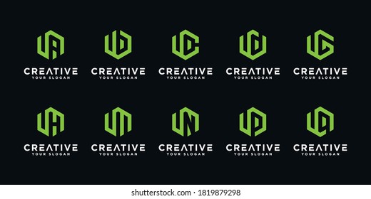 Set of creative letter U and etc logo design template with hexagon style