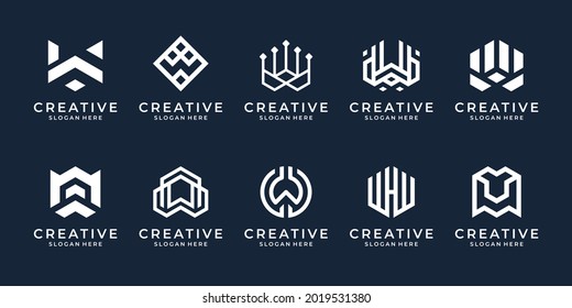 Set of Creative letter W technology logo with abstract shape logo template.