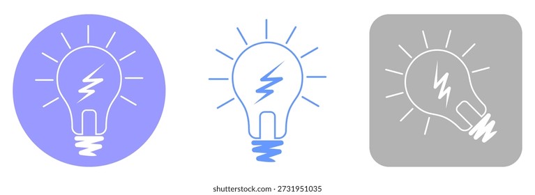Set of creative light bulb icons with lightning bolt symbols, featuring purple circle, blue line art, and grey square designs