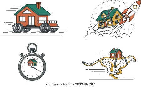 A set of creative line art illustrations depicting a house moving quickly using wheels, a rocket, a stopwatch, and a cheetah.