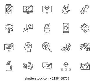 set of creative line icons, thinking, idea, design, education