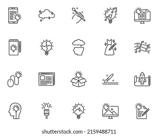 set of creative line icons, thinking, idea, design, education