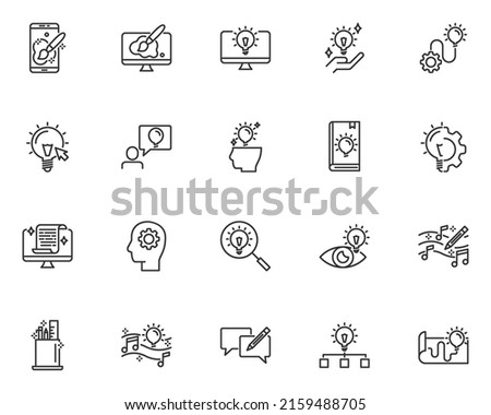 set of creative line icons, thinking, idea, design, education