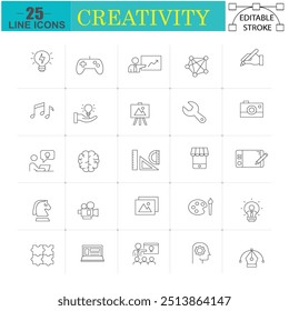 Satz kreativer Liniensymbole. Schwarze Symbole im Vektorlinienstil. Piktogramm-Packung mit linearer Darstellung. Web und Mobile Business Ideen entwerfen Vektorgrafik.