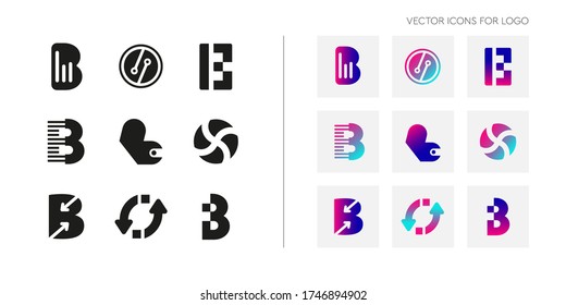 Set of creative logo icons in the form of letter B. Collection of abstract symbols for logos