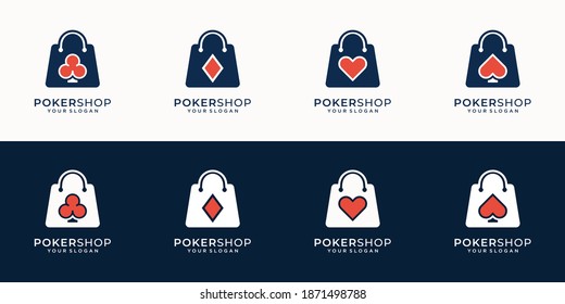 conjunto de logotipo creativo poker y combinación de tienda en silueta diseño de estilo moderno.logo de tienda, tienda, póker, royal, ace, casino, ilustración vectorial. vector premium