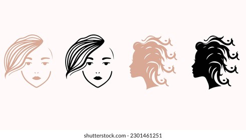 Set of creative logos of women's face and hair
