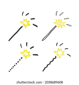 Set of creative magic wand stars or sparklers with bright yellow flash. Doodle sketch line style, hand drawing. Isolated object on a white background. Vector illustration